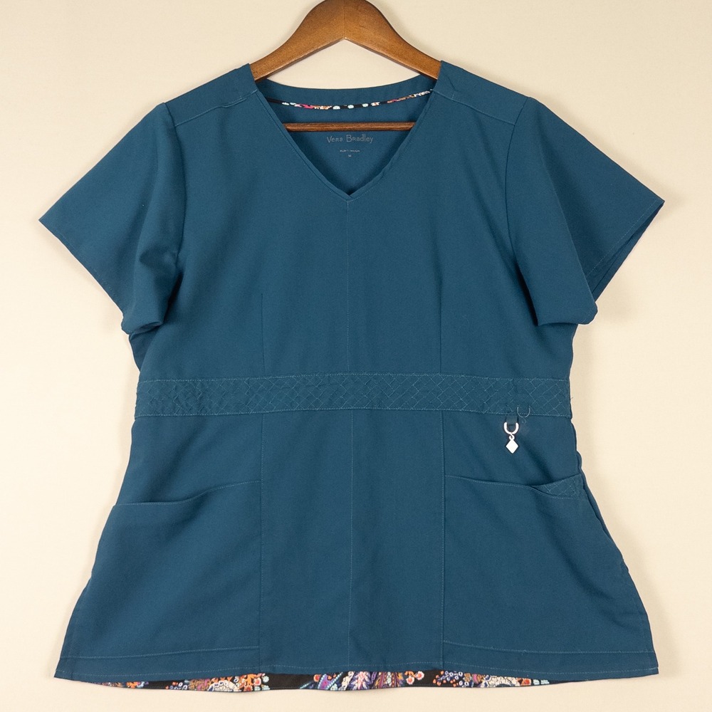 Vera Bradley Teal Blue V-Neck Scrub Top with Paisley Trim Women's Size M